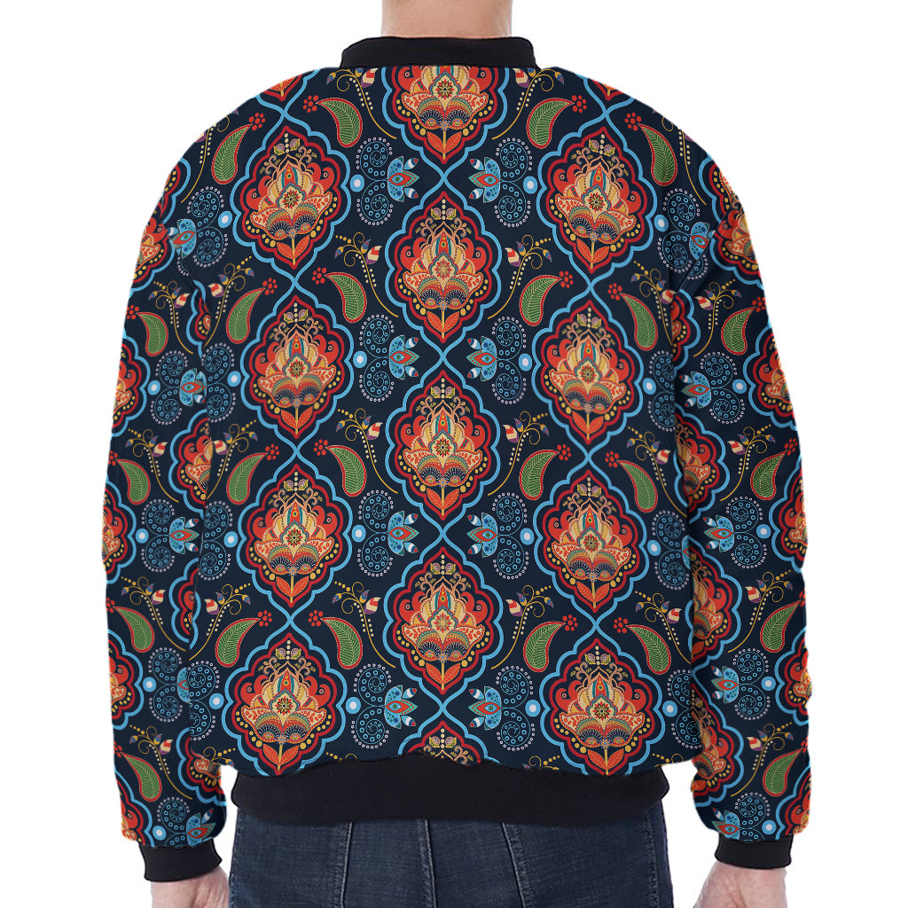 Indian Floral Paisley Pattern Print Zip Sleeve Bomber Jacket