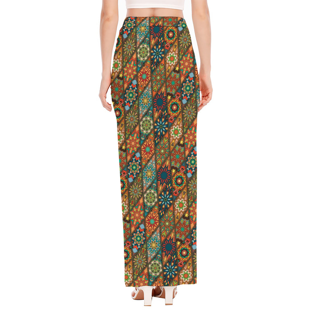 Indian Floral Patchwork Pattern Print High Slit Maxi Skirt