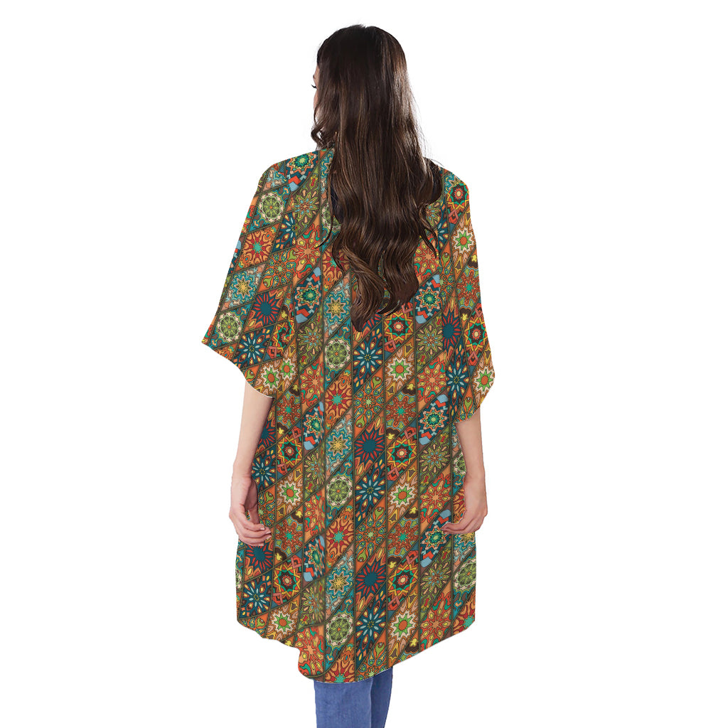 Indian Floral Patchwork Pattern Print Open Front Beach Cover Up