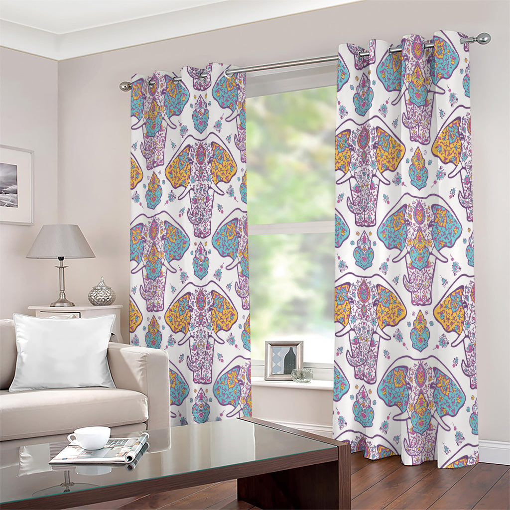 Indian Flower Elephant Pattern Print Extra Wide Grommet Curtains