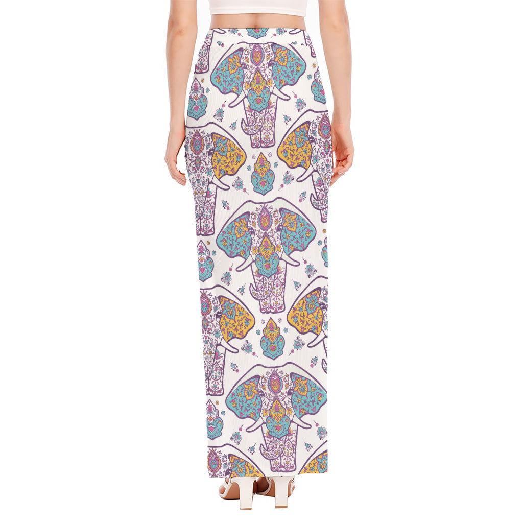 Indian Flower Elephant Pattern Print High Slit Maxi Skirt