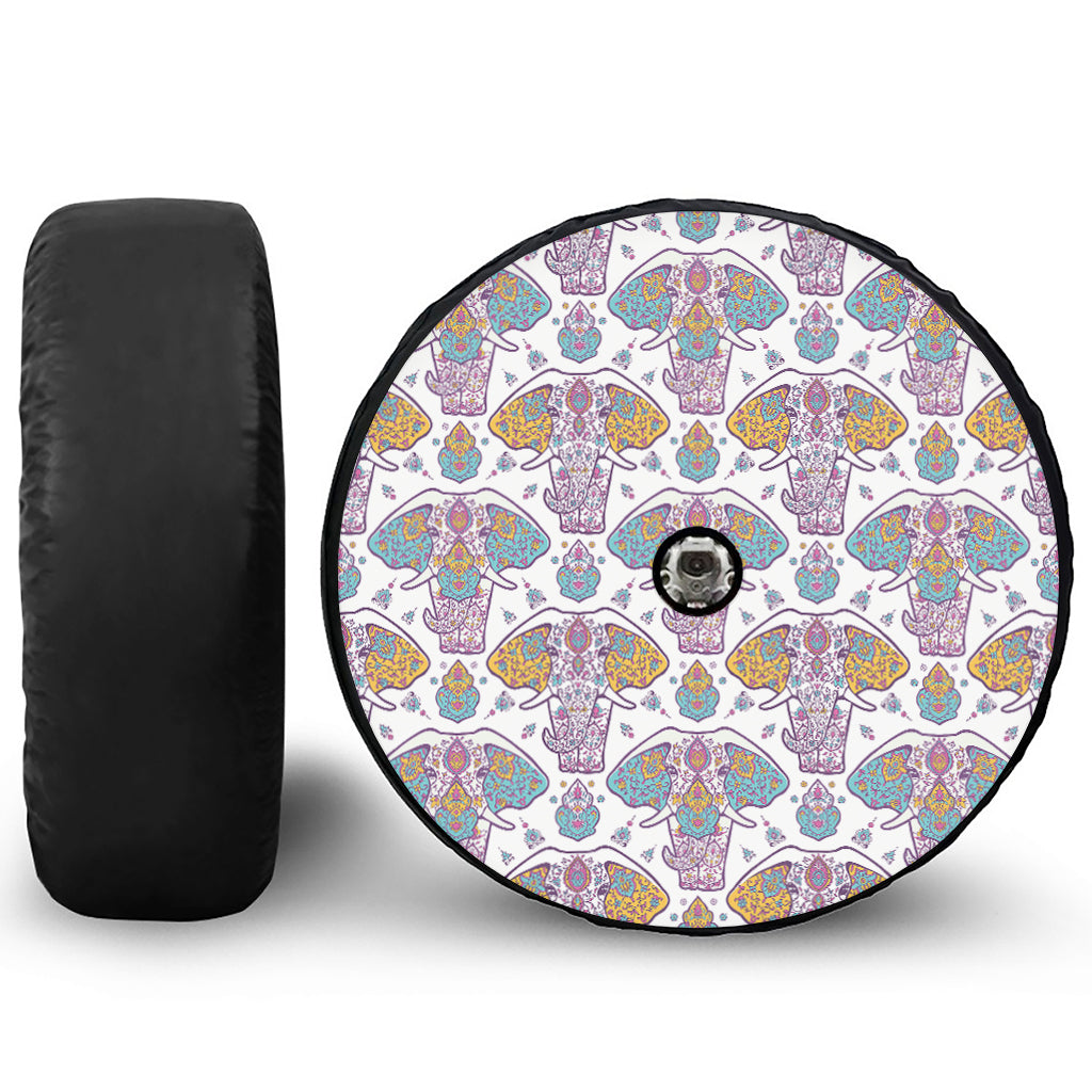 Indian Flower Elephant Pattern Print Tire Cover With Camera Hole
