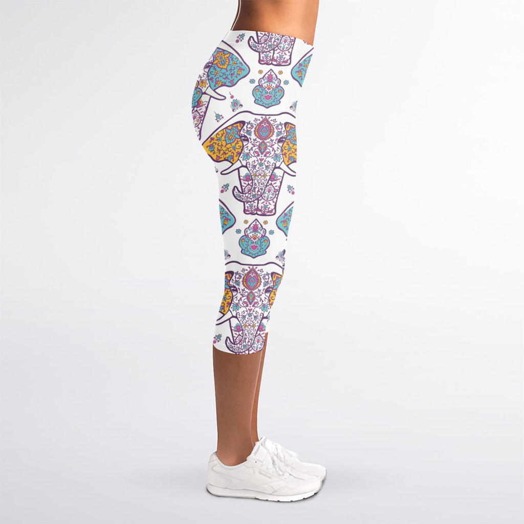 Indian Flower Elephant Pattern Print Women's Capri Leggings