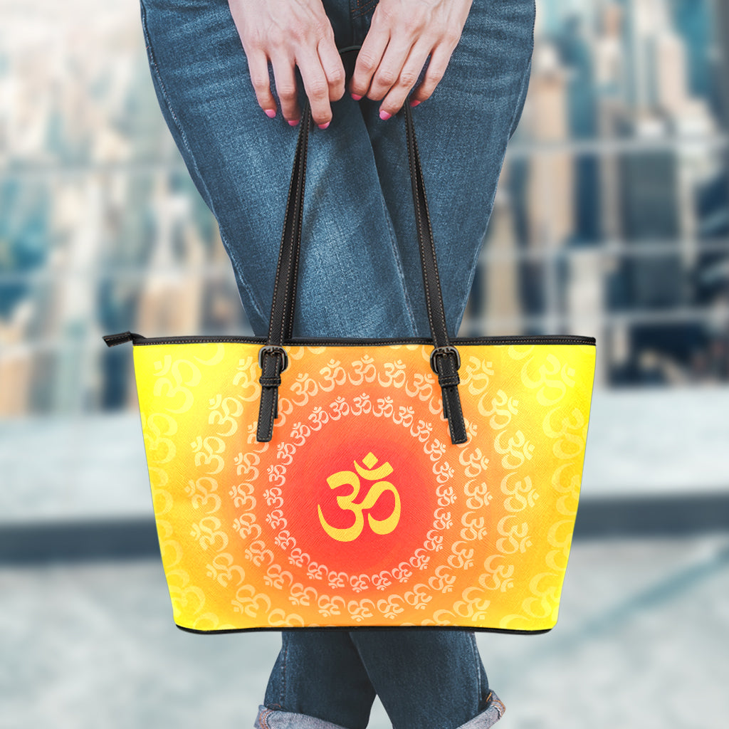 Indian Om Sign Print Leather Tote Bag