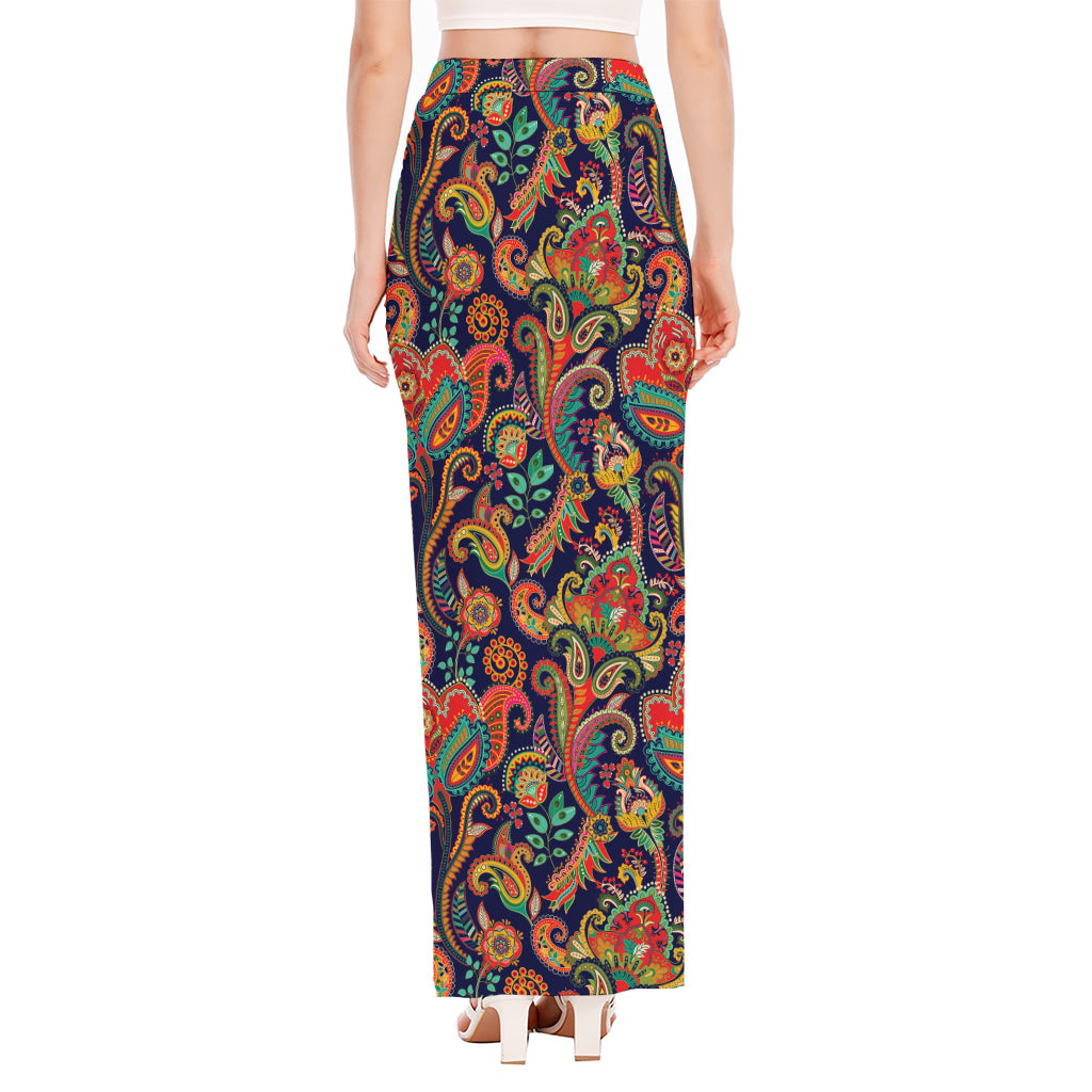 Indian Paisley Pattern Print High Slit Maxi Skirt
