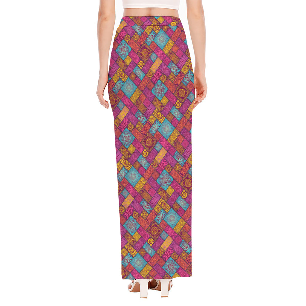 Indian Patchwork Pattern Print High Slit Maxi Skirt
