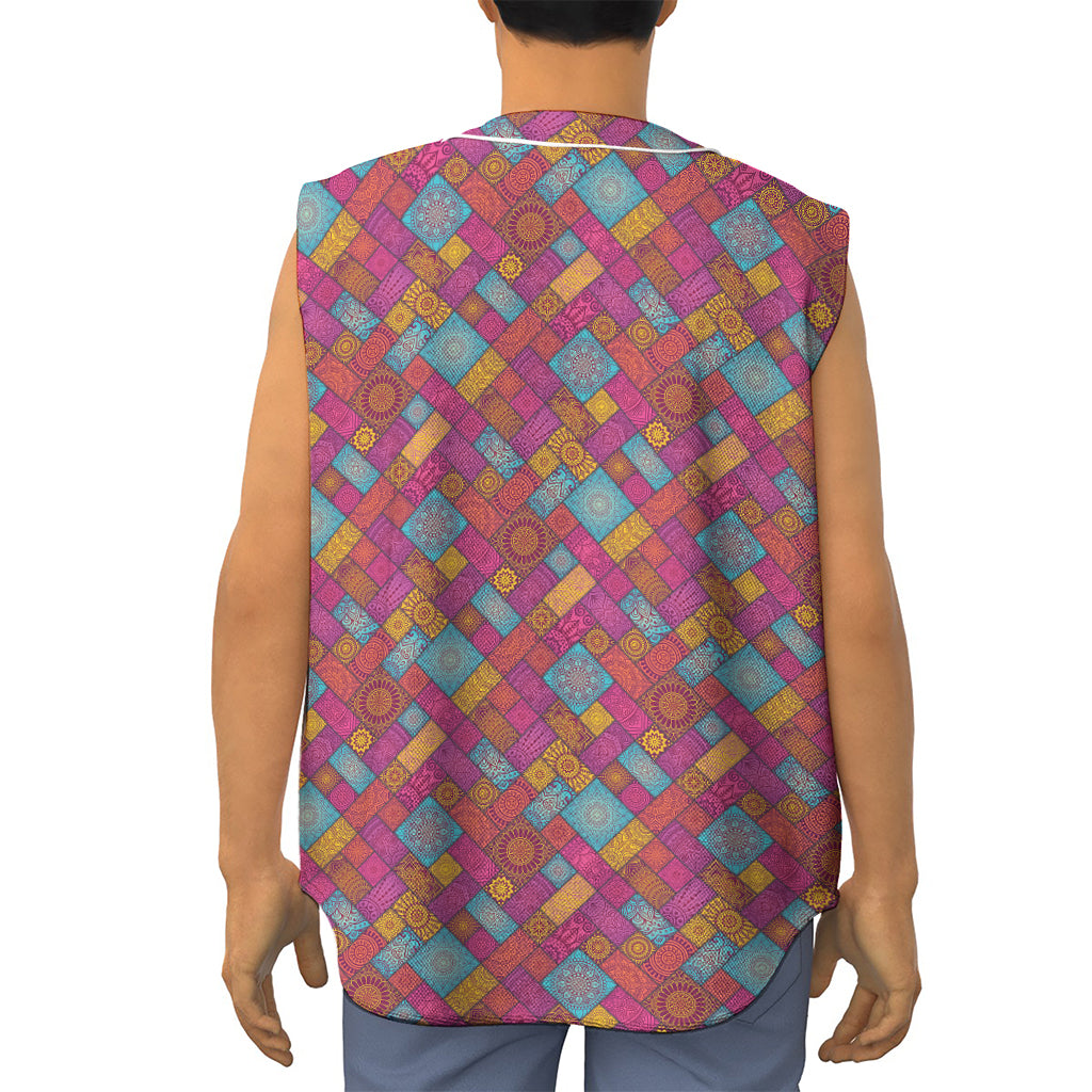 Indian Patchwork Pattern Print Sleeveless Baseball Jersey