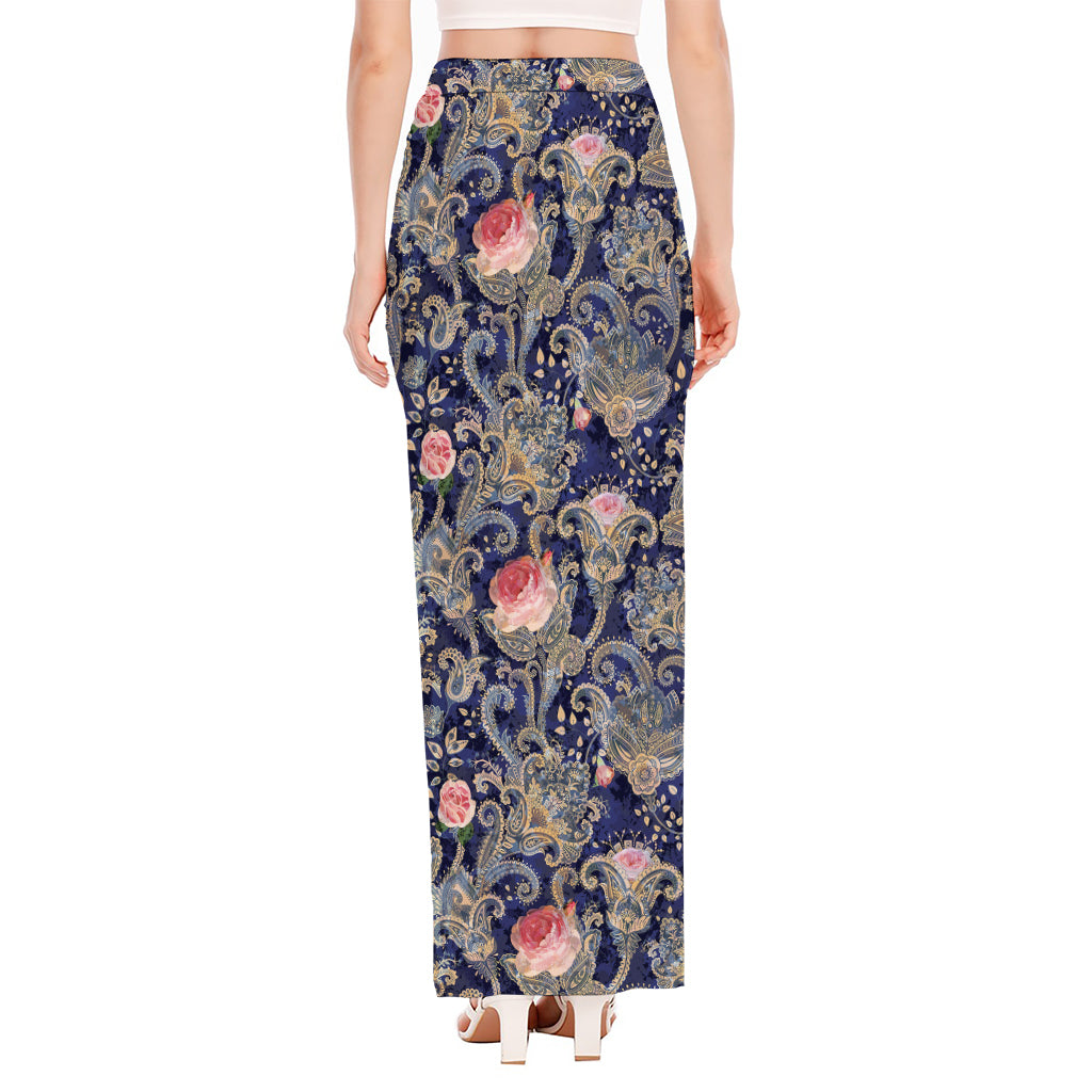 Indian Rose Paisley Pattern Print High Slit Maxi Skirt