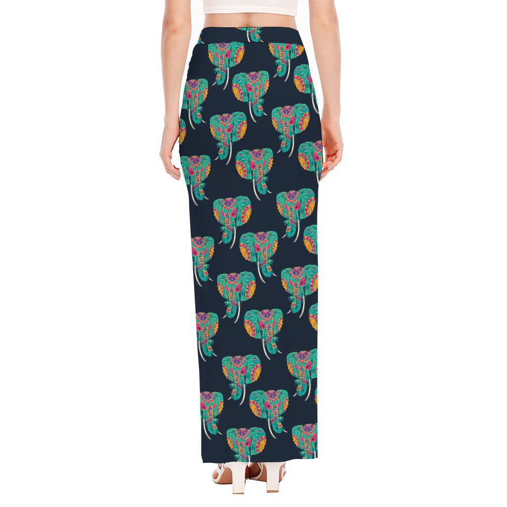 Indian Tribal Elephant Pattern Print High Slit Maxi Skirt