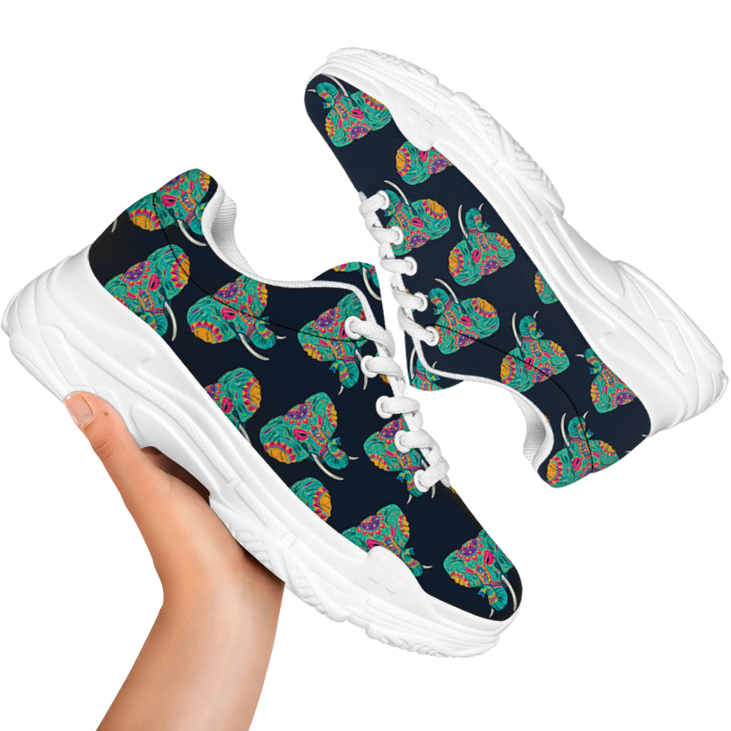 Indian Tribal Elephant Pattern Print White Chunky Shoes