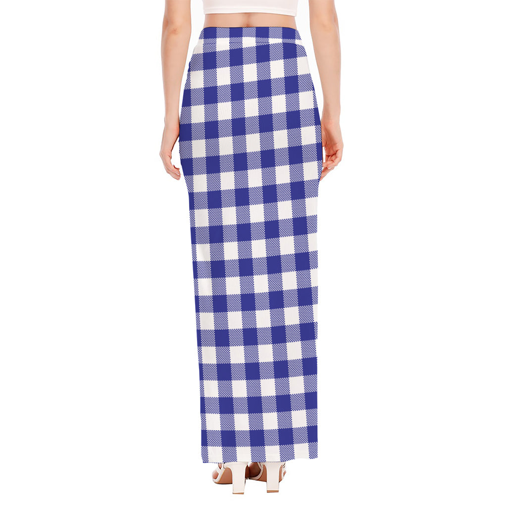 Indigo Blue And White Gingham Print High Slit Maxi Skirt