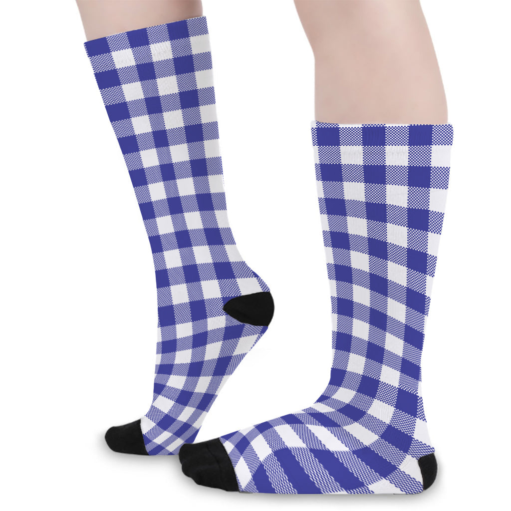 Indigo Blue And White Gingham Print Long Socks