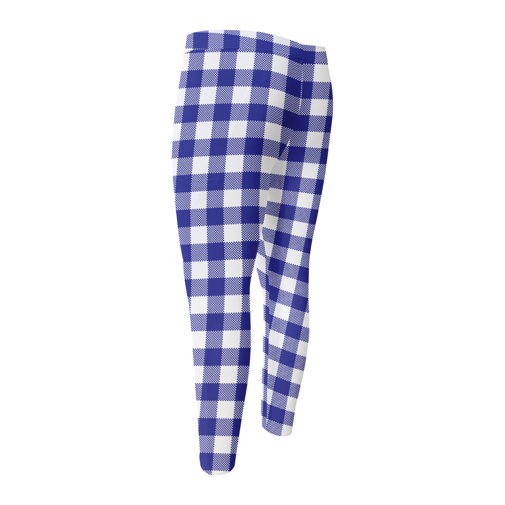 Indigo Blue And White Gingham Print Men's Compression Pants