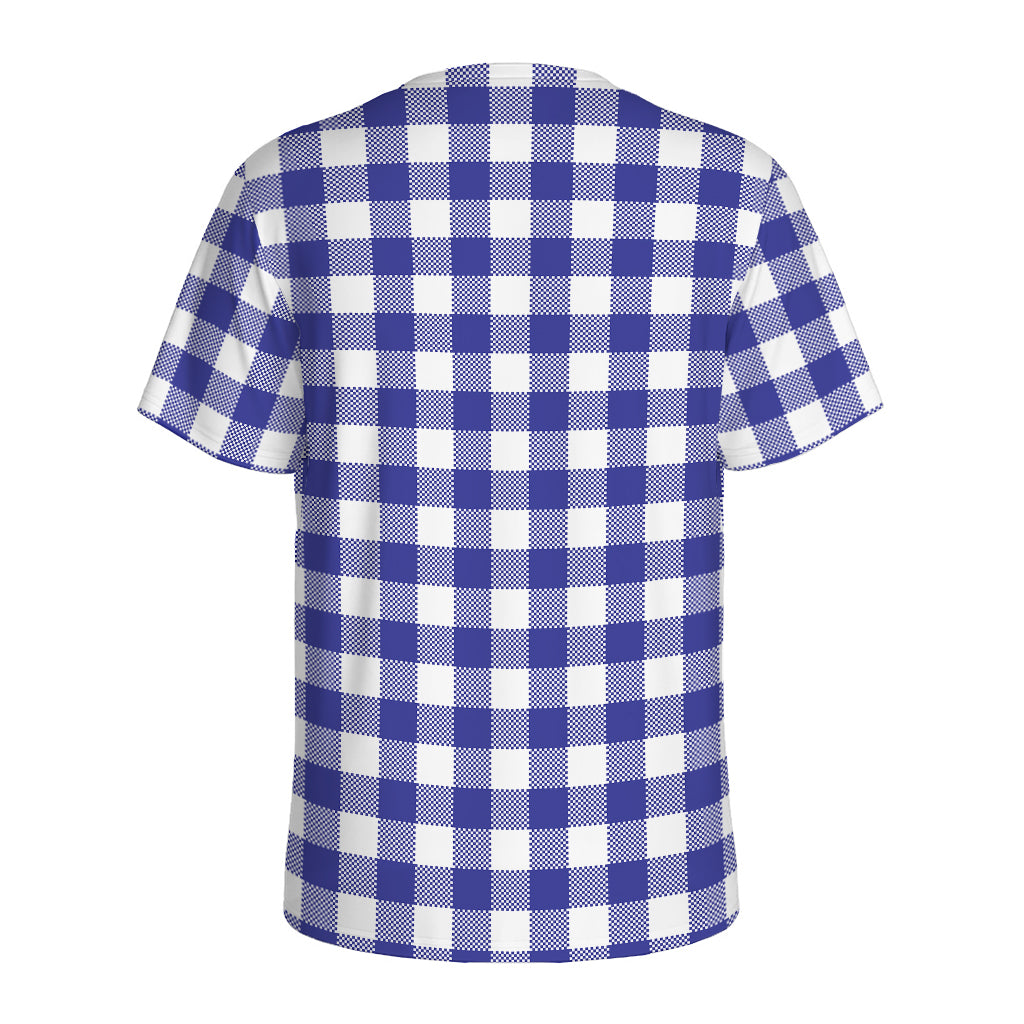 Indigo Blue And White Gingham Print Men's Sports T-Shirt