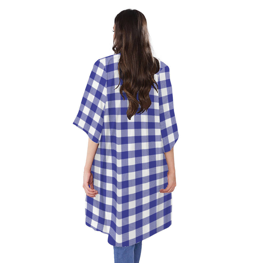 Indigo Blue And White Gingham Print Open Front Beach Cover Up