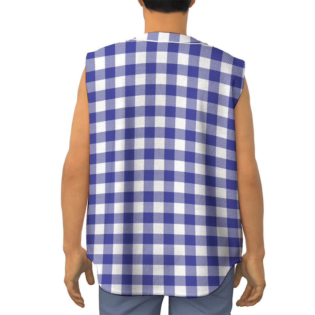 Indigo Blue And White Gingham Print Sleeveless Baseball Jersey