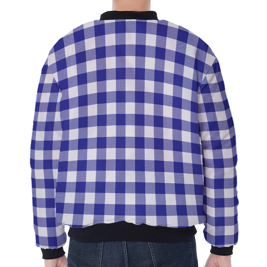 Indigo Blue And White Gingham Print Zip Sleeve Bomber Jacket