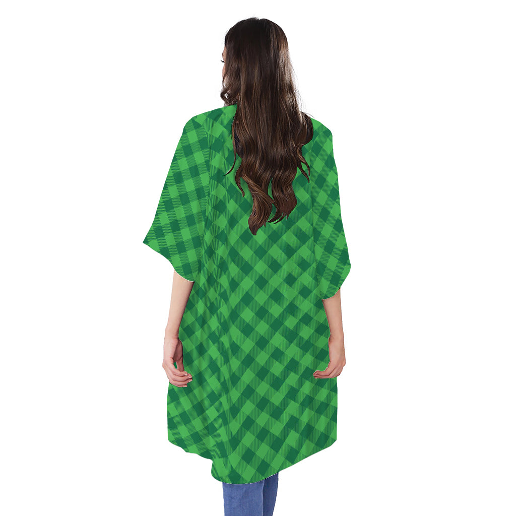 Irish Green Buffalo Plaid Print Open Front Beach Cover Up