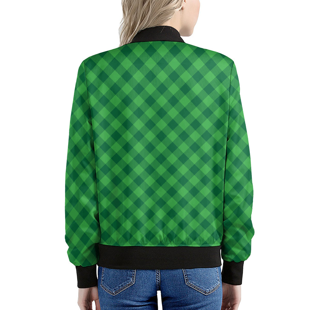 Irish Green Buffalo Plaid Print Women's Bomber Jacket