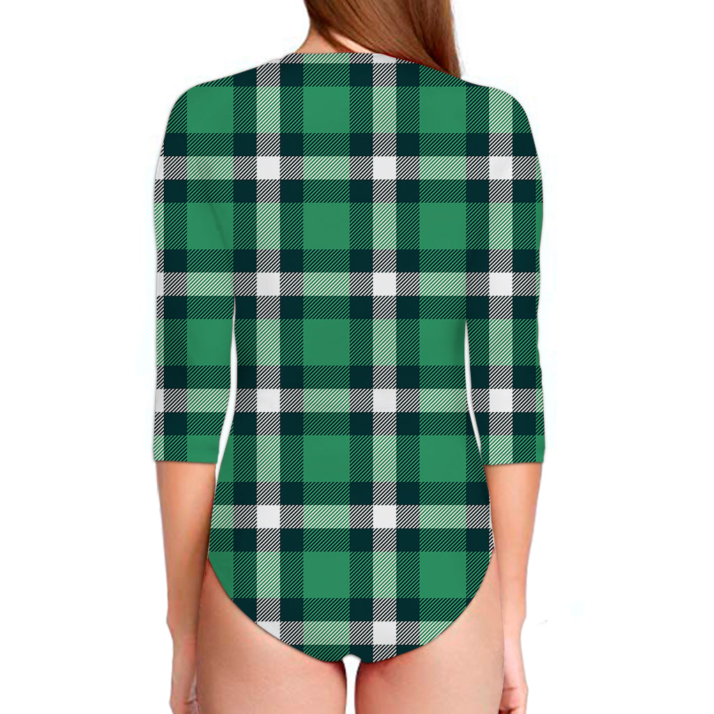 Irish St. Patrick's Day Plaid Print Long Sleeve Swimsuit