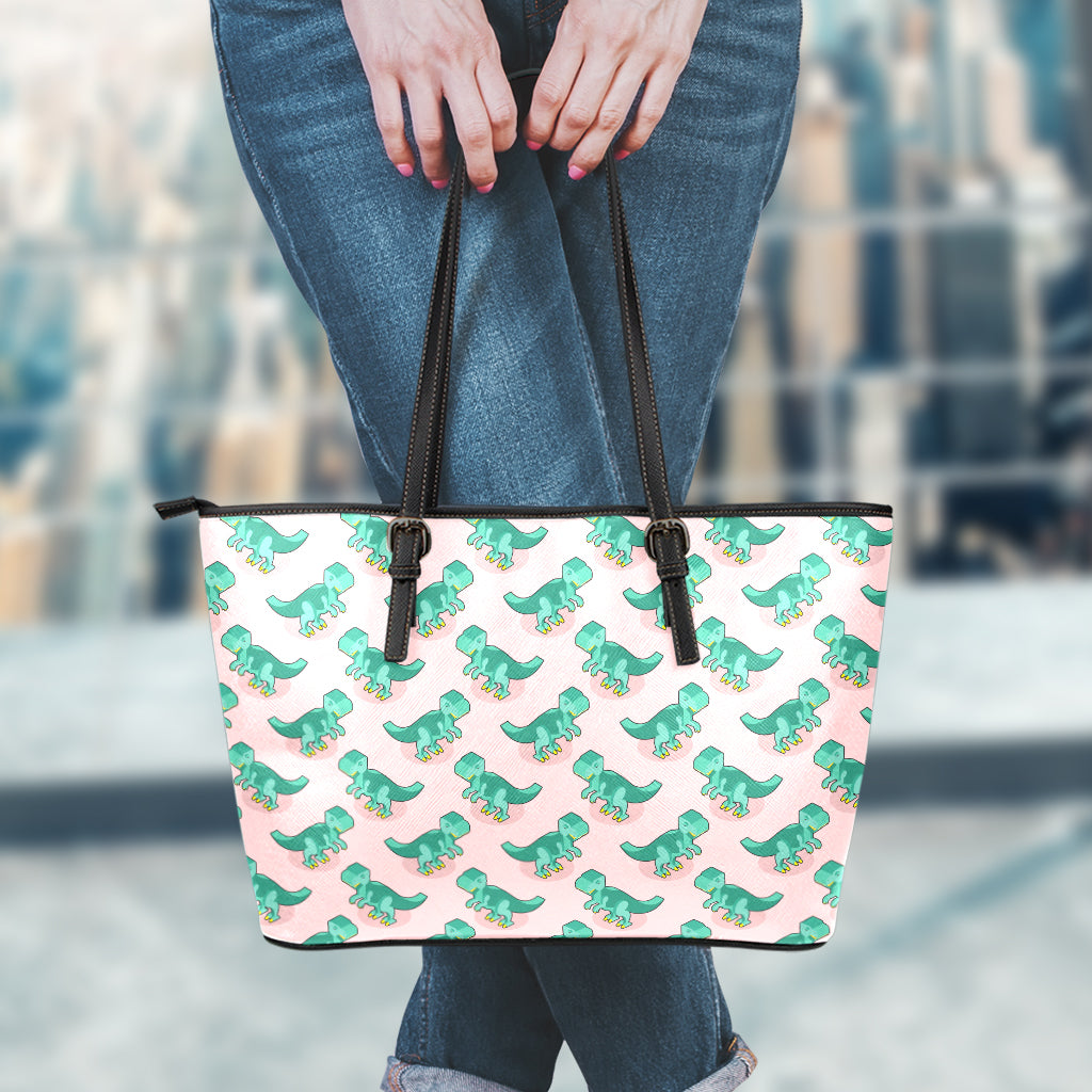 Isometric Tyrannosaurus Pattern Print Leather Tote Bag