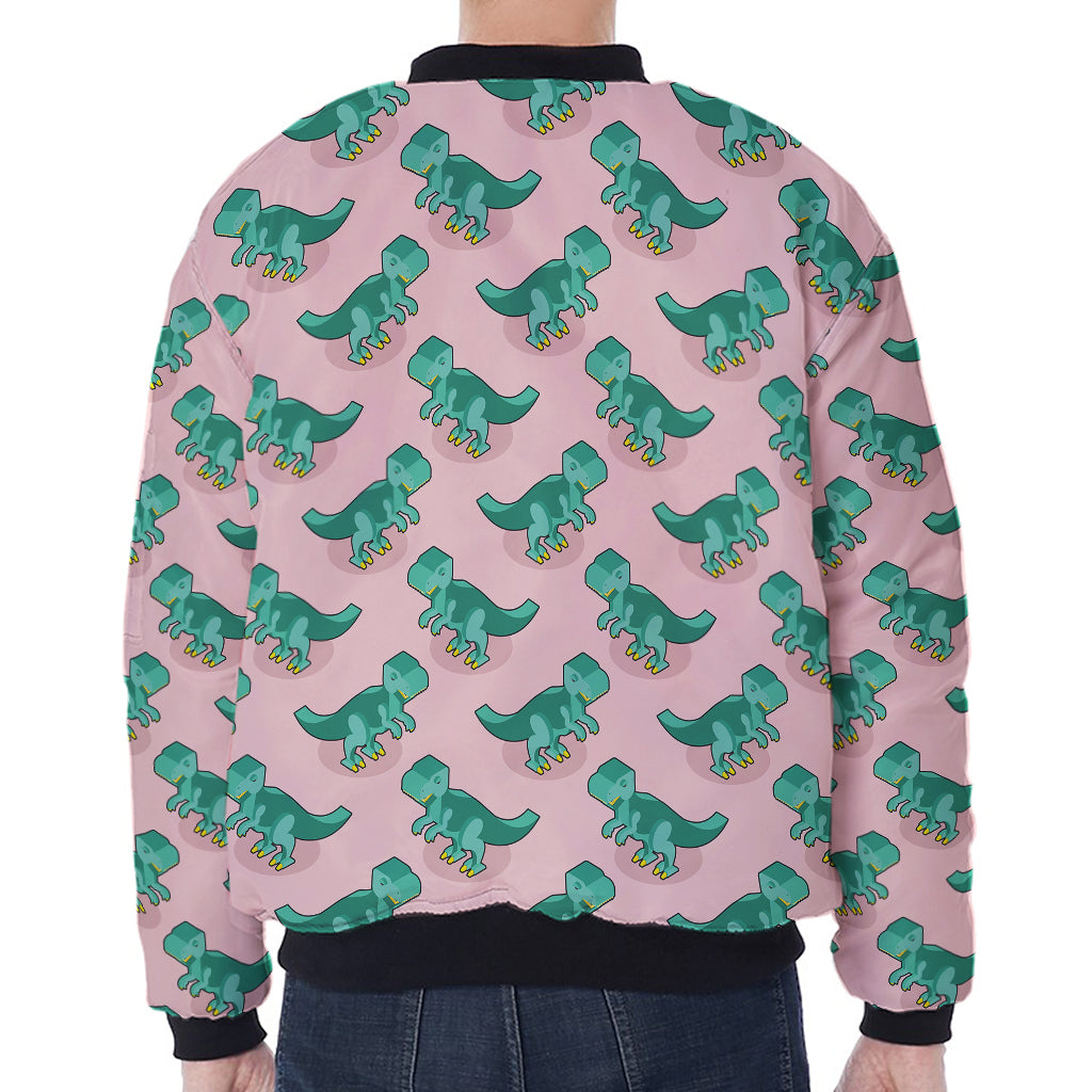 Isometric Tyrannosaurus Pattern Print Zip Sleeve Bomber Jacket
