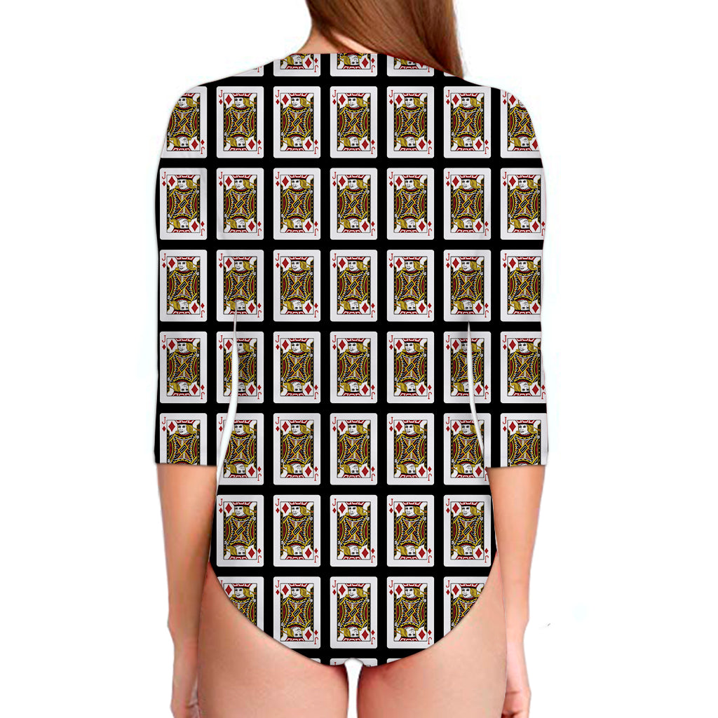 Jack Of Diamonds Playing Card Pattern Print Long Sleeve Swimsuit