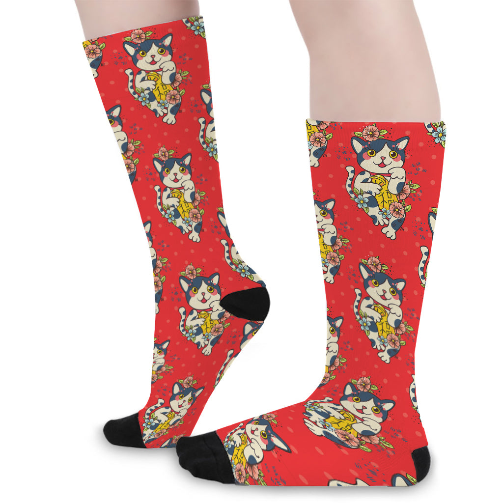 Japanese Cat Maneki Neko Pattern Print Long Socks