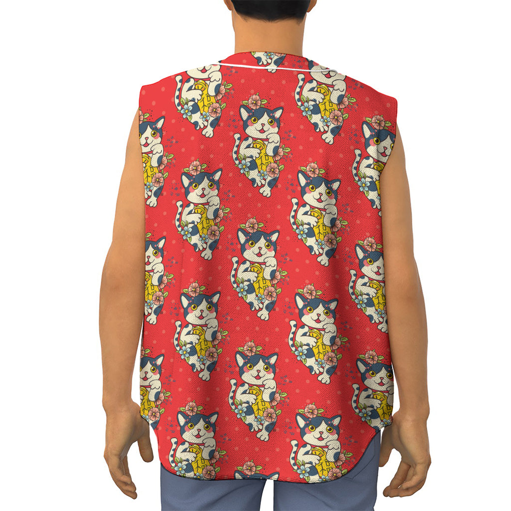Japanese Cat Maneki Neko Pattern Print Sleeveless Baseball Jersey