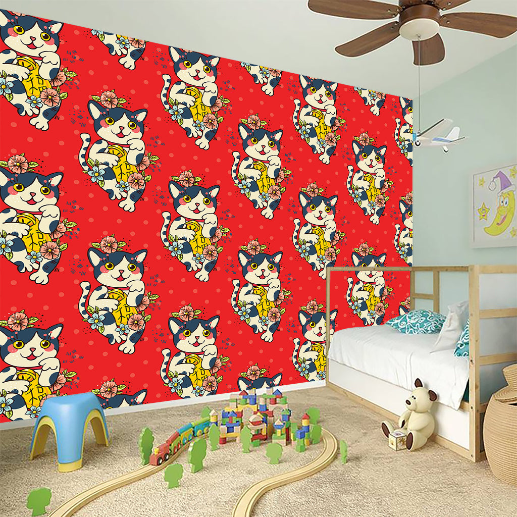 Japanese Cat Maneki Neko Pattern Print Wall Sticker