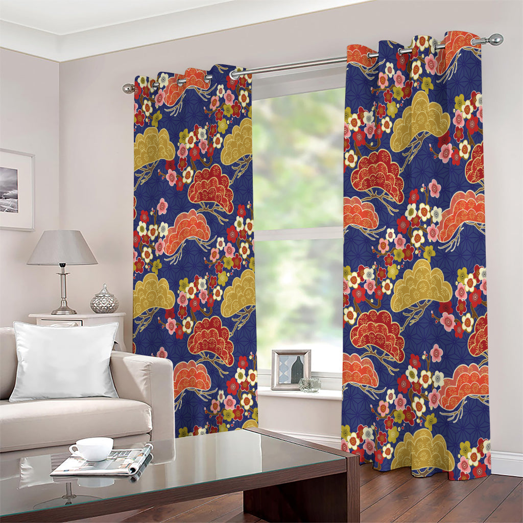 Japanese Cherry Blossom Pattern Print Extra Wide Grommet Curtains