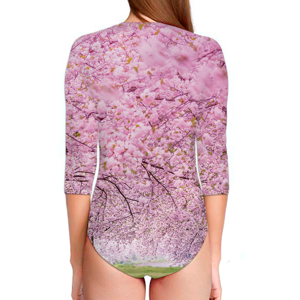 Japanese Cherry Blossom Tree Print Long Sleeve Swimsuit