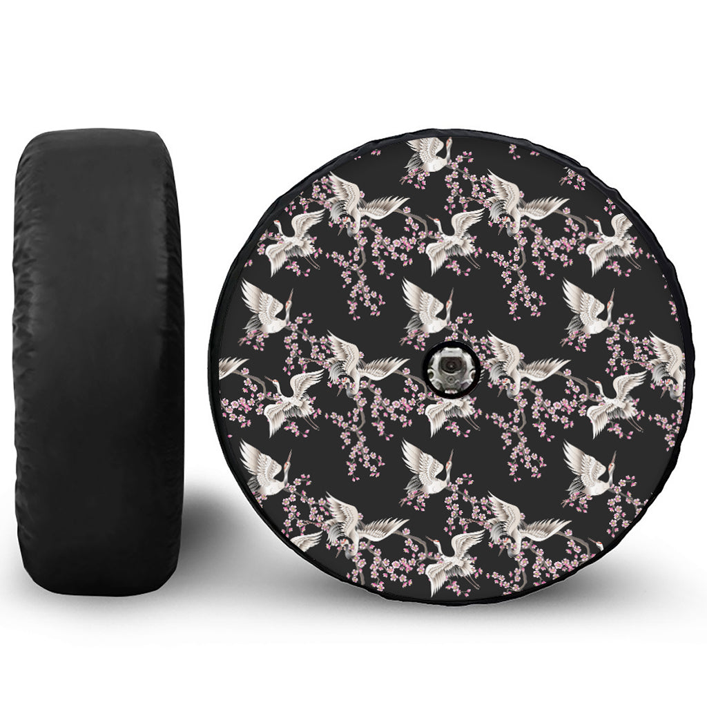 Japanese Crane Bird Pattern Print Tire Cover With Camera Hole