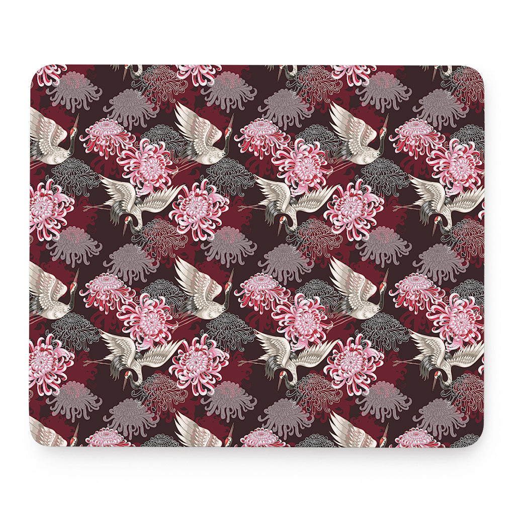 Japanese Cranes And Chrysanthemums Print Mouse Pad