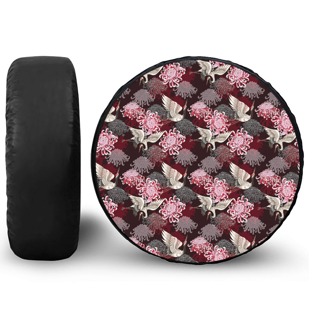 Japanese Cranes And Chrysanthemums Print Tire Cover