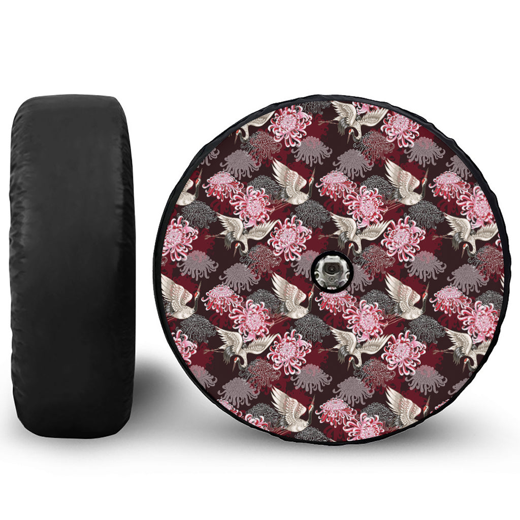 Japanese Cranes And Chrysanthemums Print Tire Cover With Camera Hole