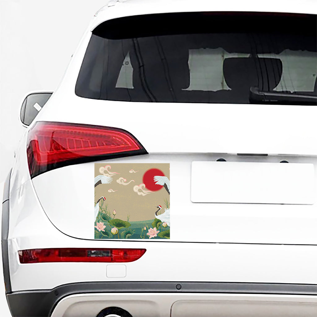 Japanese Cranes At Sunset Print Car Sticker