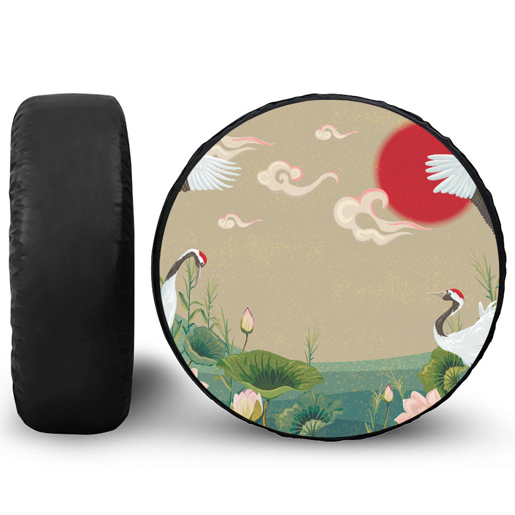 Japanese Cranes At Sunset Print Leather Spare Tire Cover