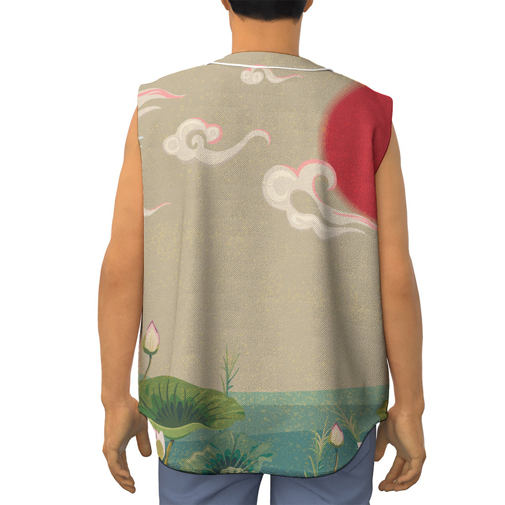 Japanese Cranes At Sunset Print Sleeveless Baseball Jersey