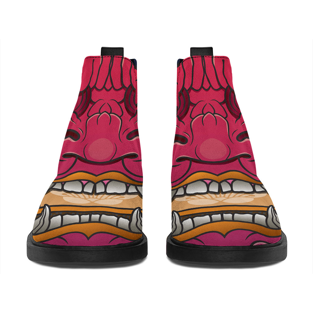 Japanese Demon Mask Print Flat Ankle Boots