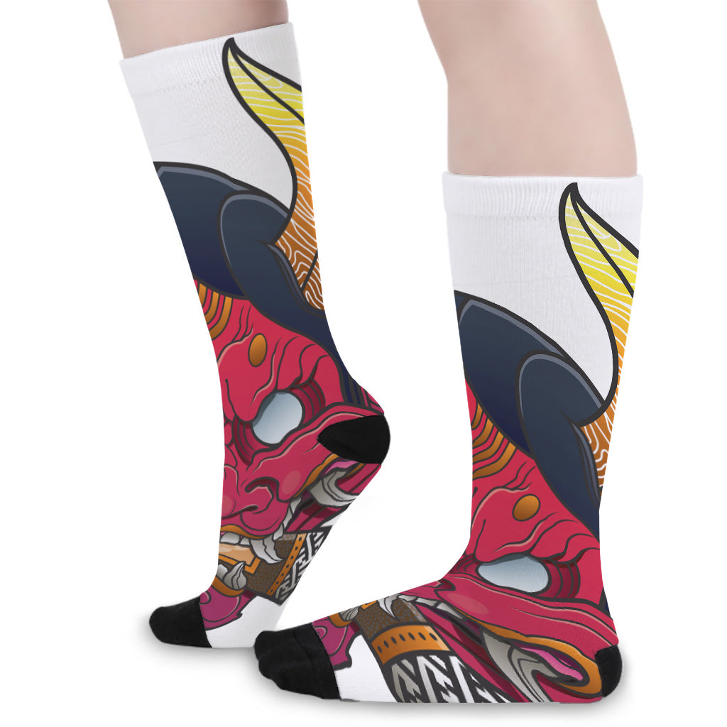Japanese Demon Mask Print Long Socks