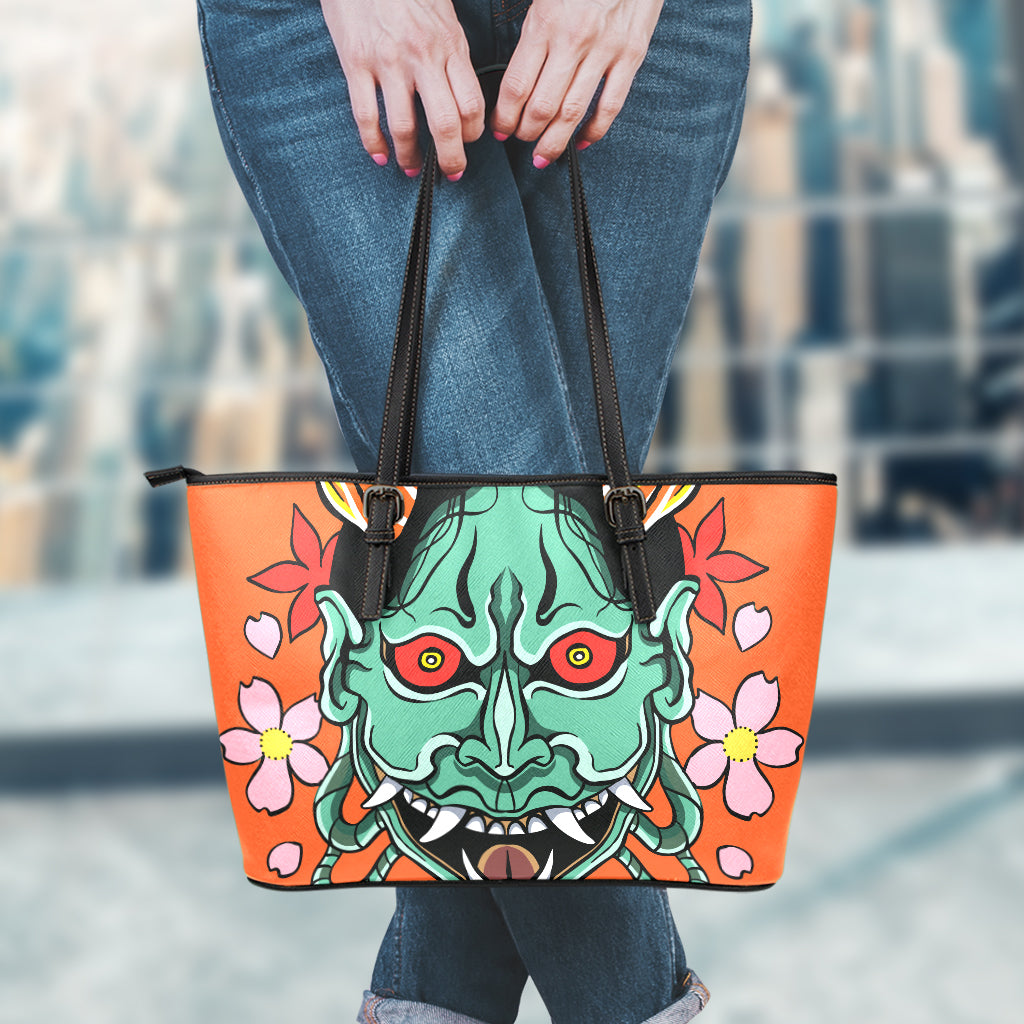 Japanese Demon Print Leather Tote Bag