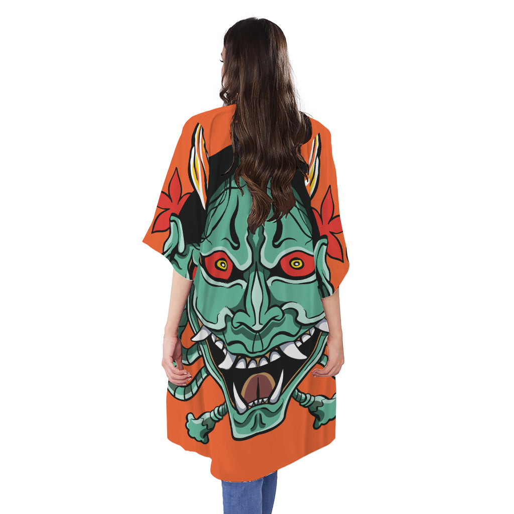 Japanese Demon Print Open Front Beach Cover Up