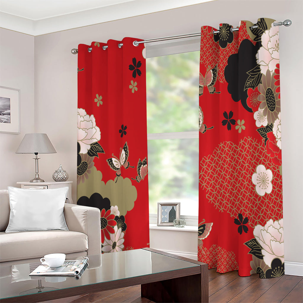 Japanese Flower Print Extra Wide Grommet Curtains