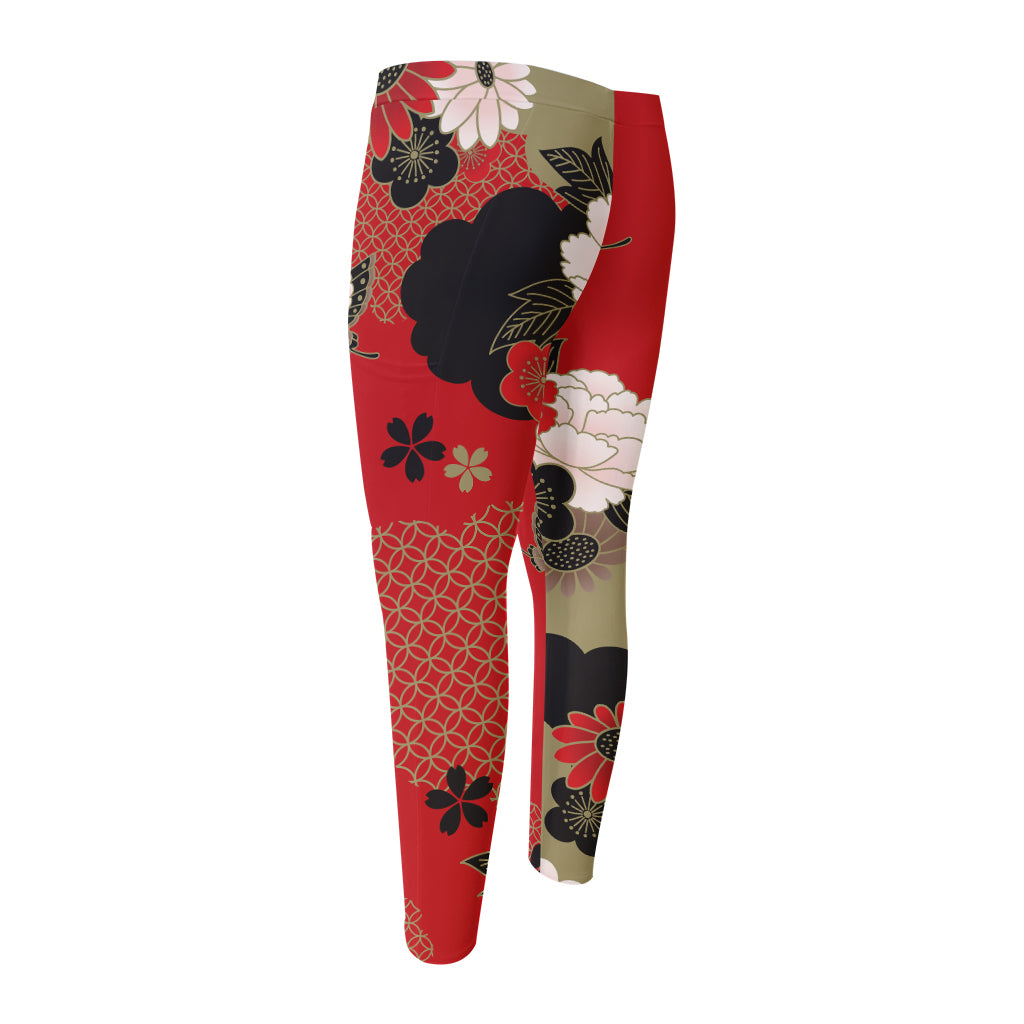 Japanese Flower Print Men's Compression Pants