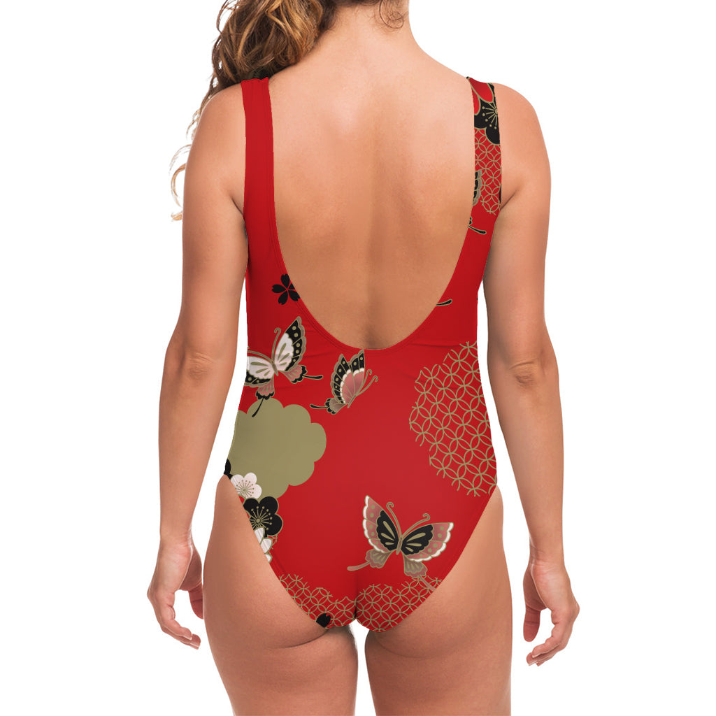 Japanese Flower Print One Piece Swimsuit