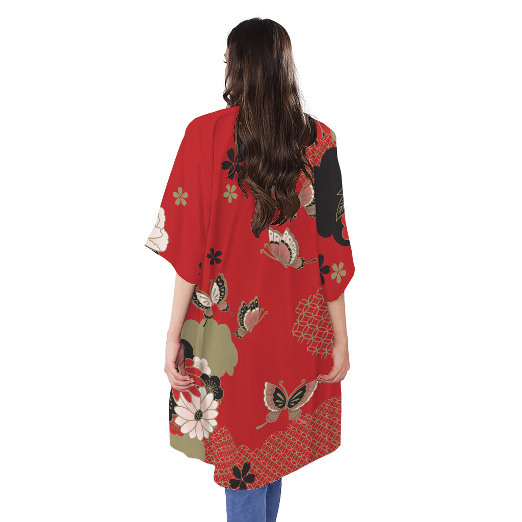 Japanese Flower Print Open Front Beach Cover Up