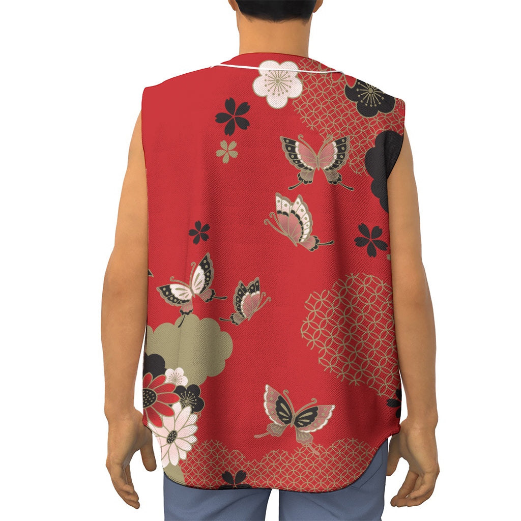 Japanese Flower Print Sleeveless Baseball Jersey