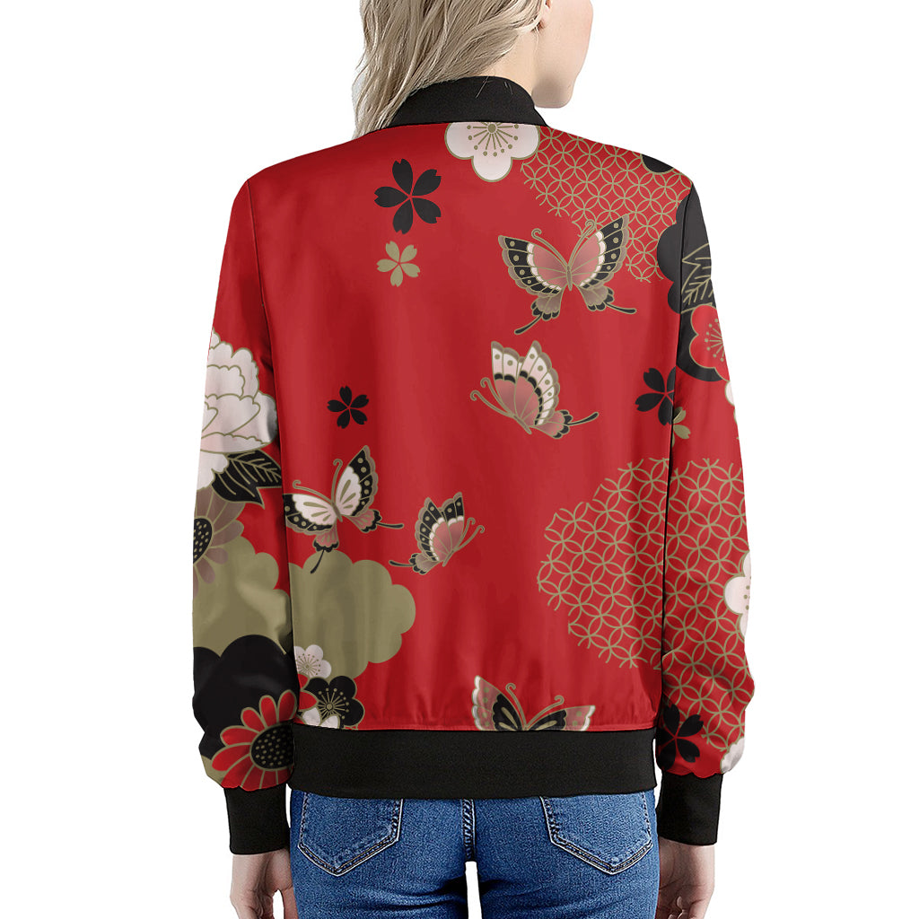 Japanese Flower Print Women's Bomber Jacket