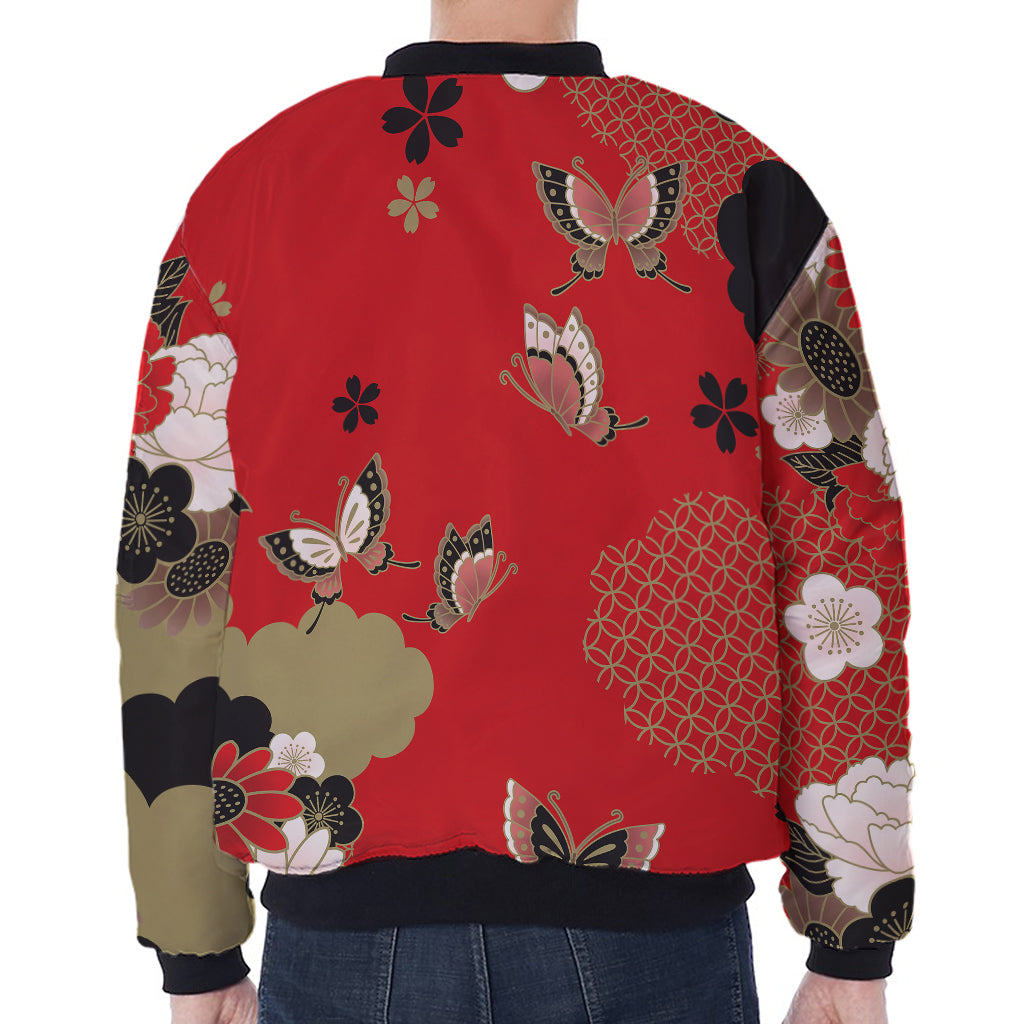Japanese Flower Print Zip Sleeve Bomber Jacket
